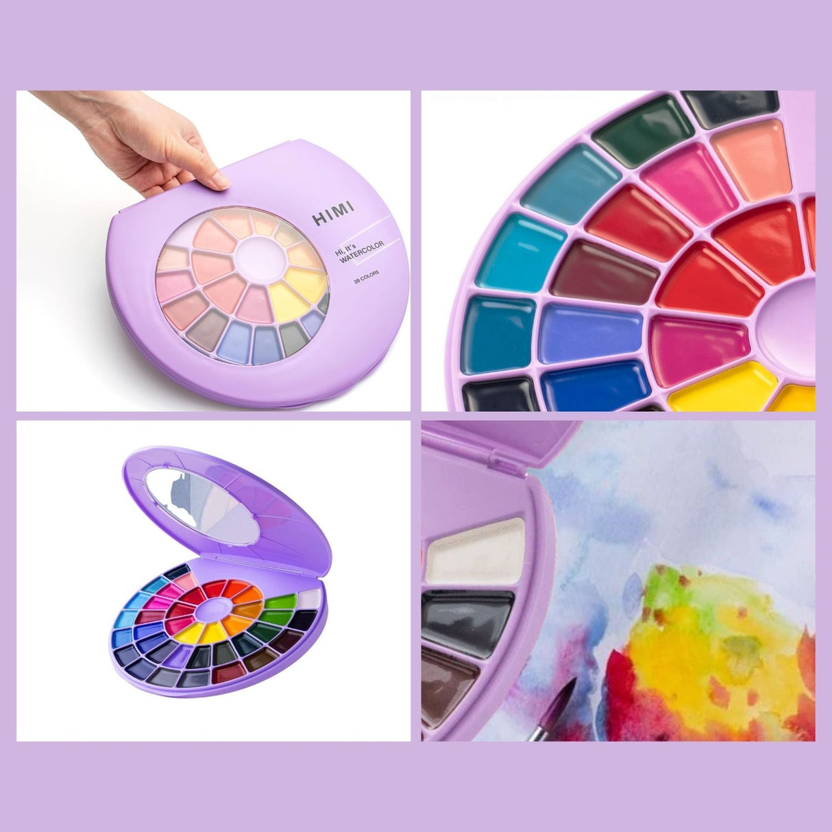 Himi - Set 38 Acuarelas Semi Húmedas en Pastilla Estuche Lila