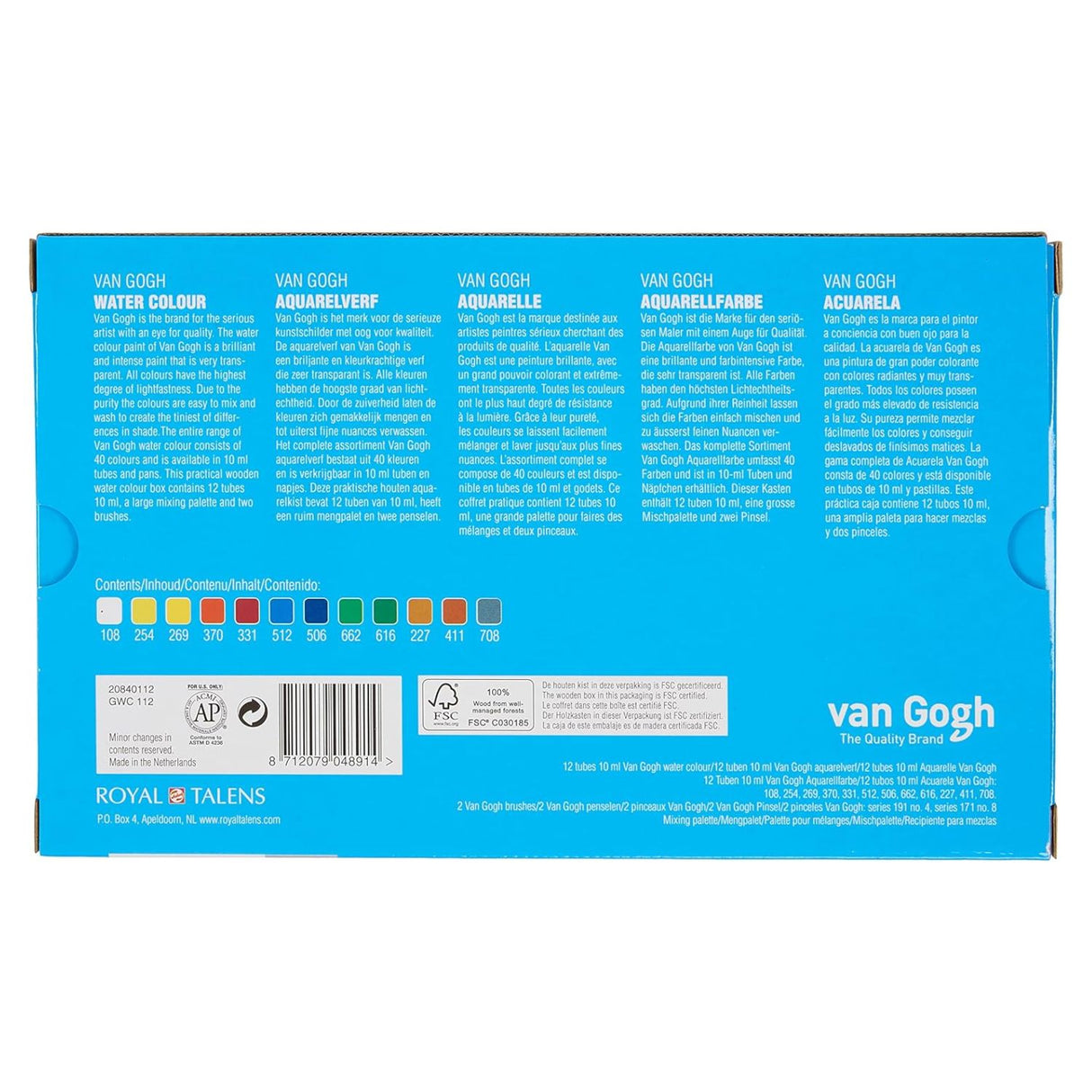 Van Gogh - Set 12 Acuarelas en Caja de Madera Tubos 10 ml + Accesorios