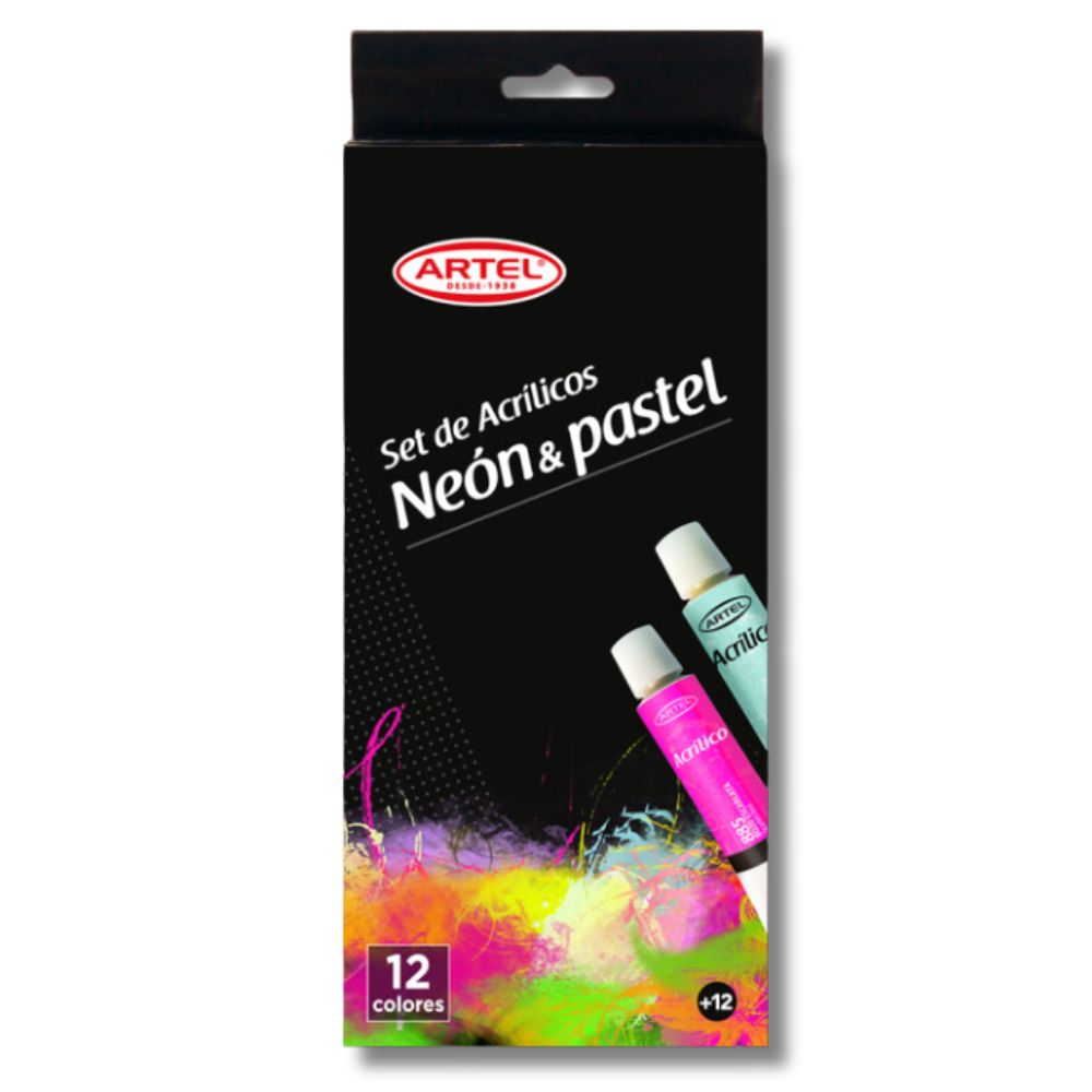Artel - Set 12 Pinturas Acrílicas Colores Neón y Pastel 12 ml