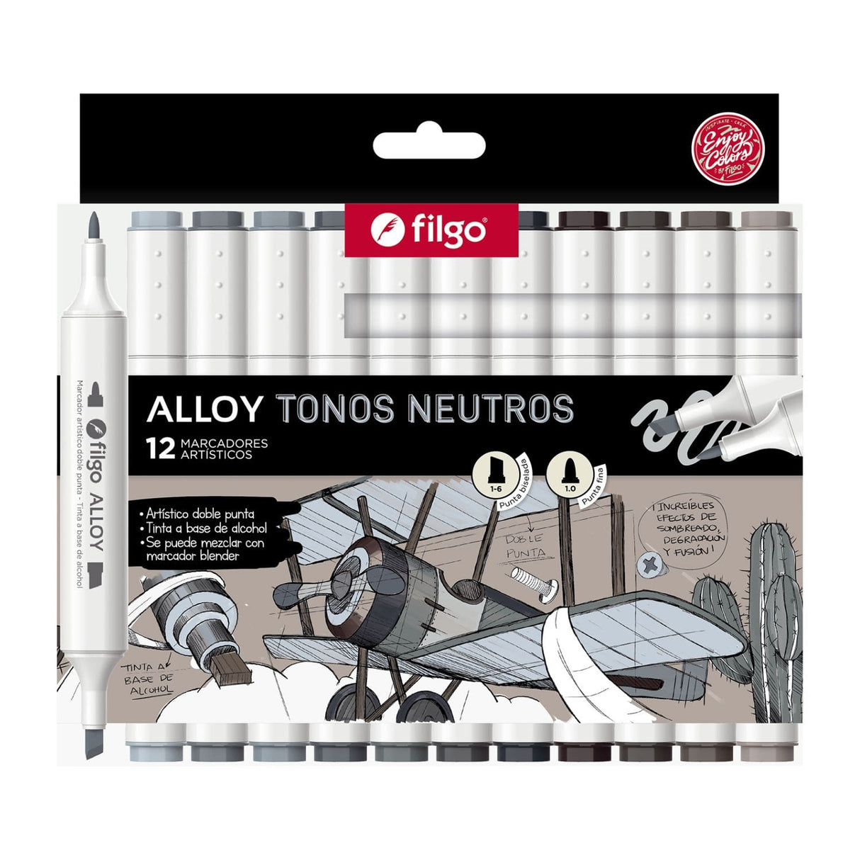 Filgo Alloy - Set 12 Marcadores al Alcohol Tonos Grises Neutros