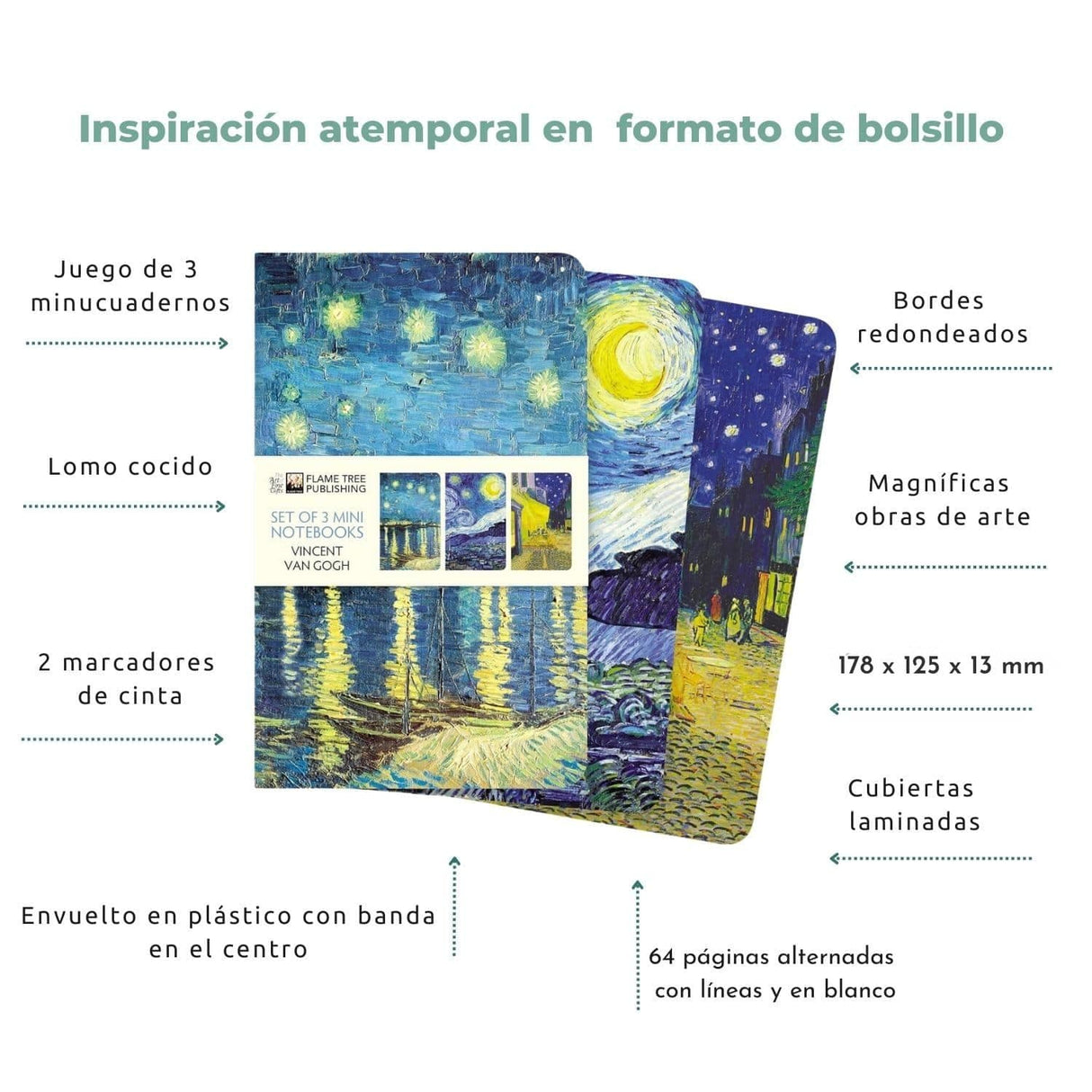 Flame Tree - Set 3 Libretas Mini, Líneas y Lisa Vincent Van Gogh