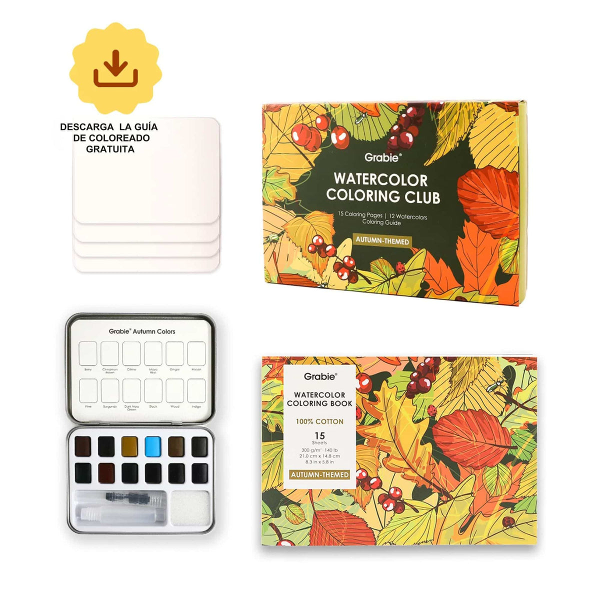 Grabie Coloring Club - Kit Acuarelas Autumn Libreta y Libro