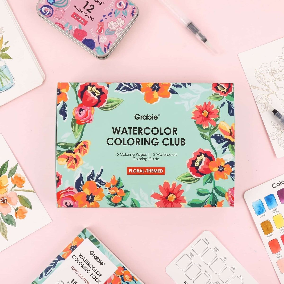 Grabie Coloring Club - Kit Acuarelas Floral Libreta y Libro