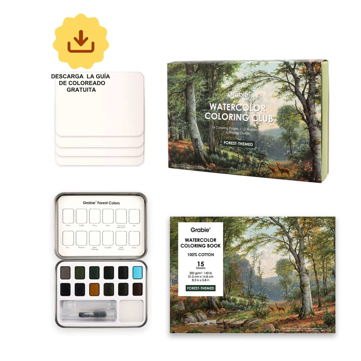 Grabie Coloring Club - Kit Acuarelas Forest Libreta y Libro
