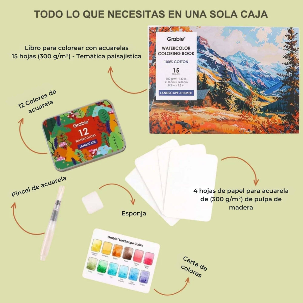 Grabie Coloring Club - Kit Acuarelas Landscape Libreta y Libro