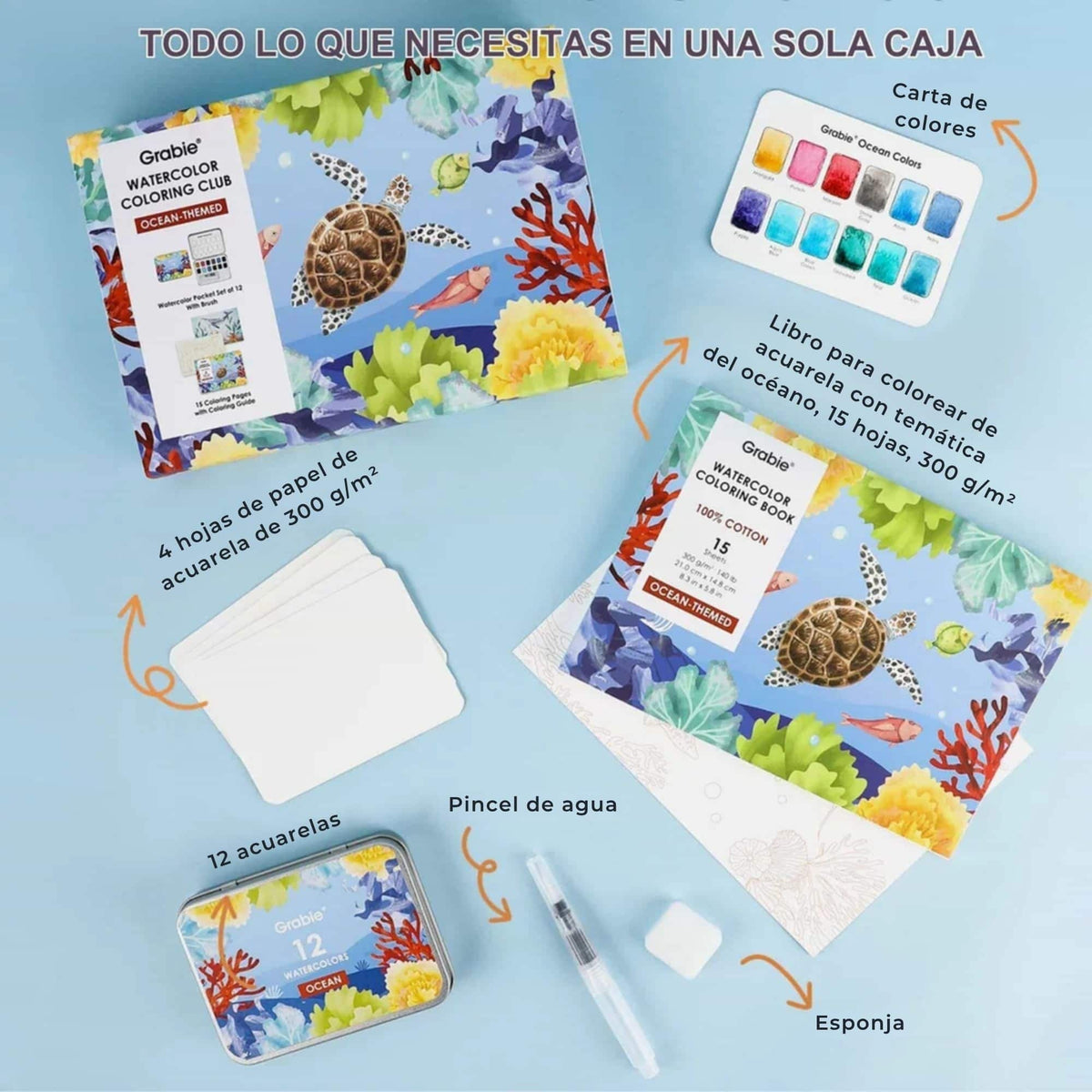 Grabie Coloring Club - Kit Acuarelas Ocean Libreta y Libro