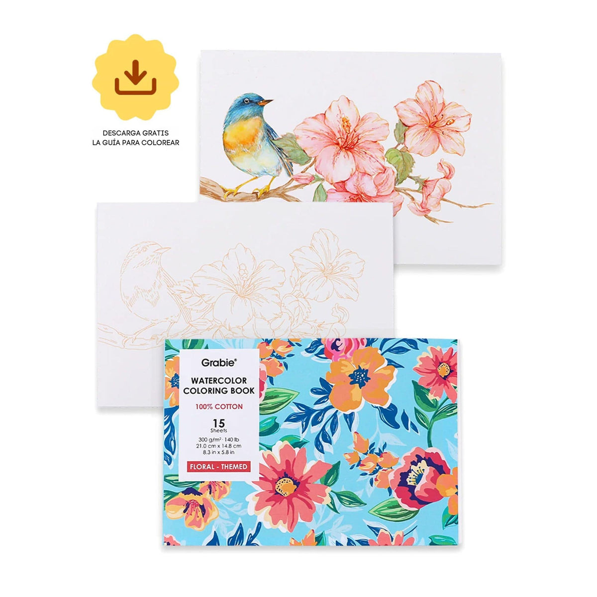 Grabie - Libro para Colorear Acuarela 100% Algodón Floral