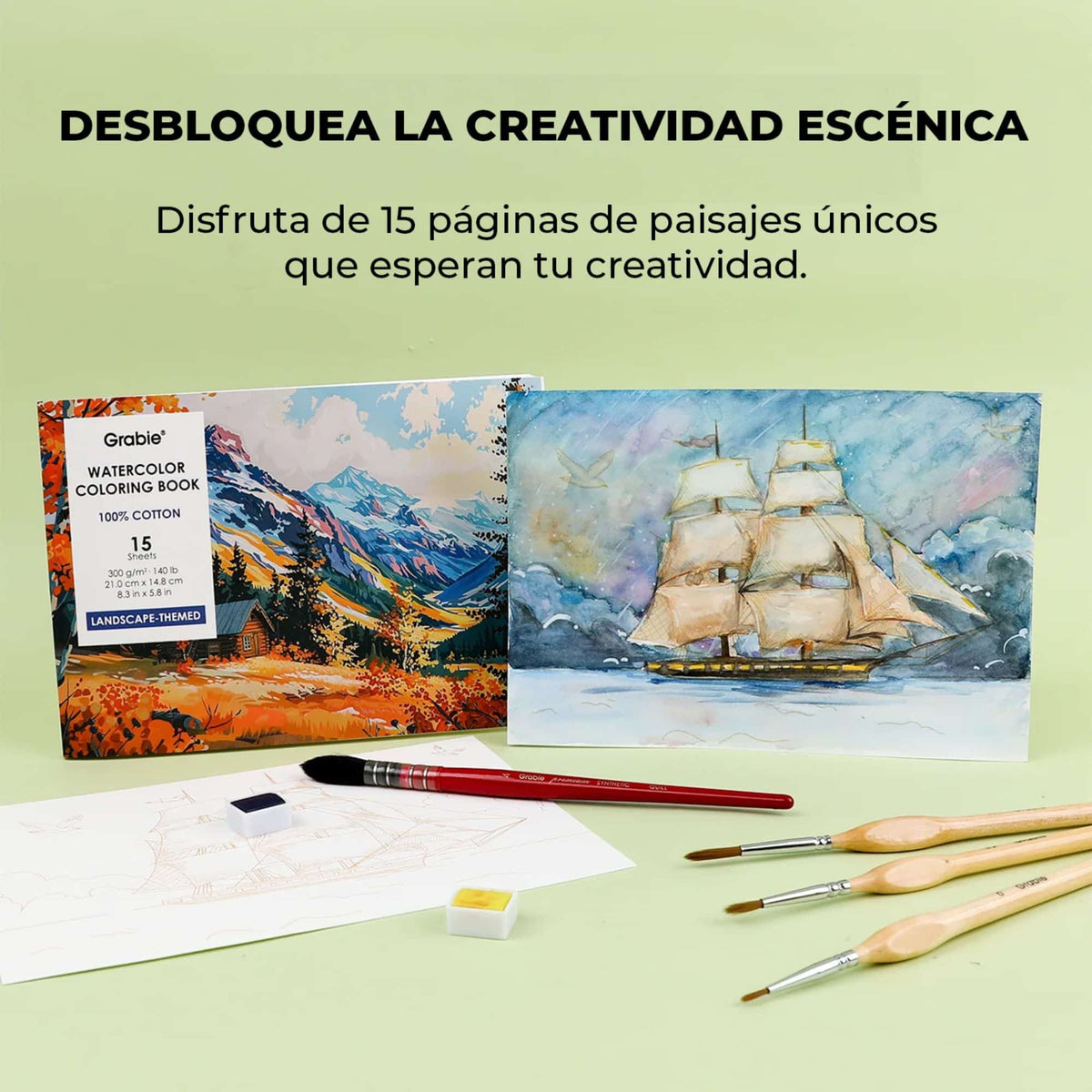 Grabie - Libro para Colorear Acuarela 100% Algodón Landscape