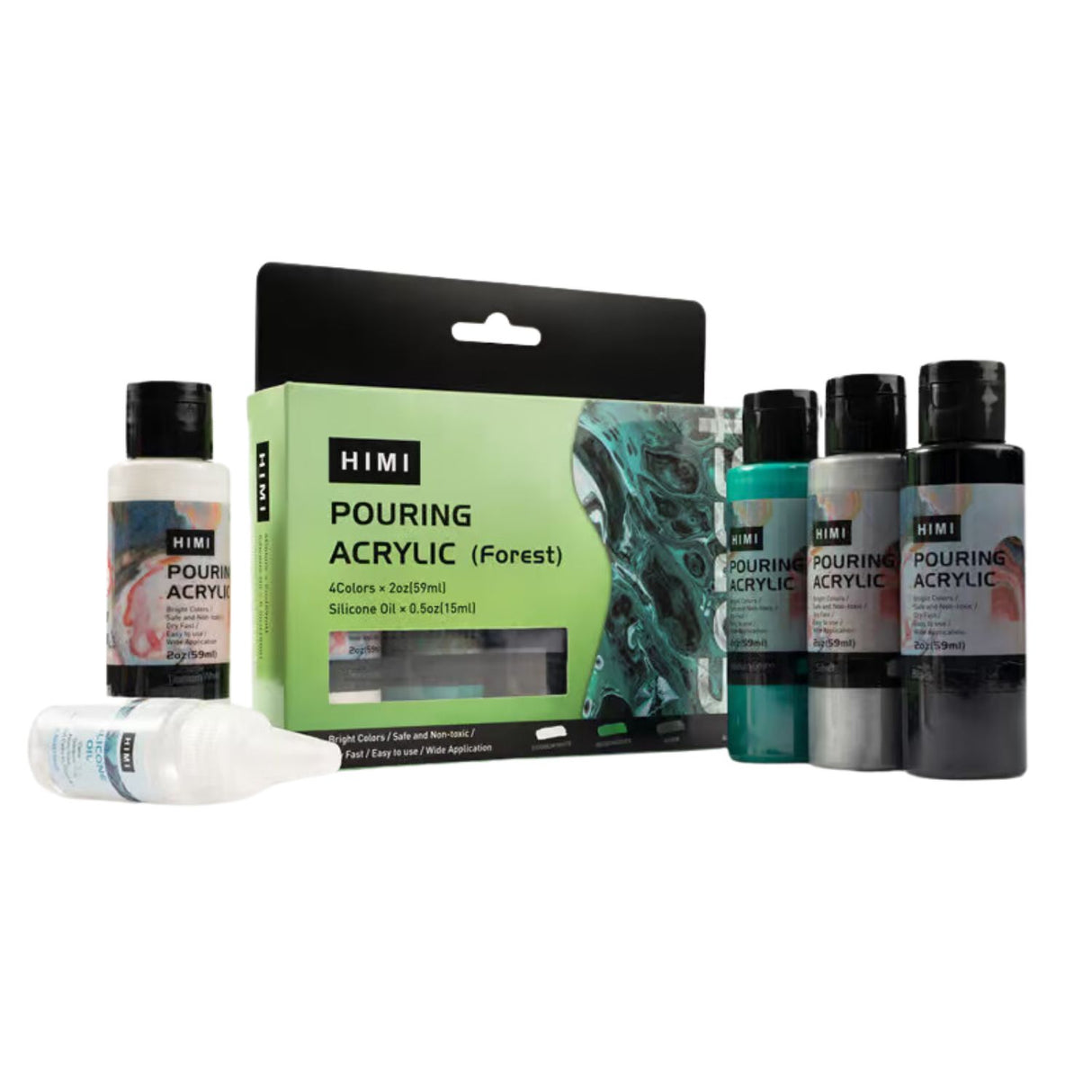 Himi - Kit Pinturas Acrílicas Pouring 4 Colores 59 ml y Silicona, Forest