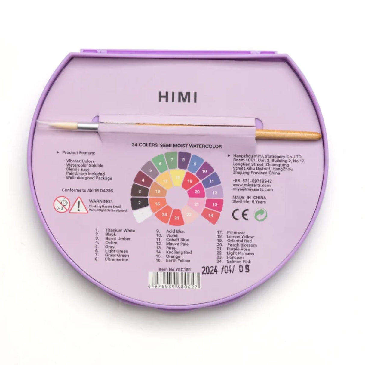 Himi - Set 24 Acuarelas Semi Húmedas en Pastilla Estuche Lila