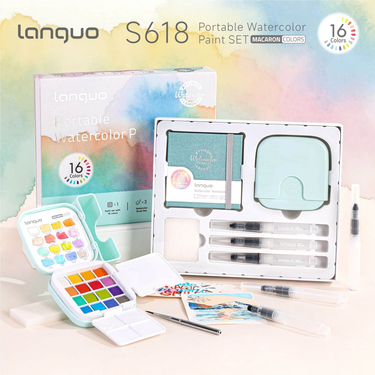 Languo - Kit Acuarelas Libreta y Pinceles Macaron Colors