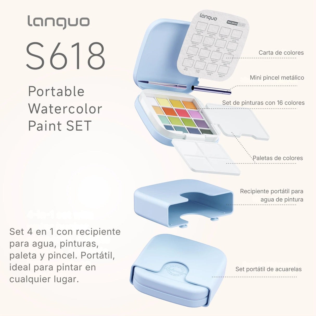 Languo - Kit Acuarelas Libreta y Pinceles Macaron Colors