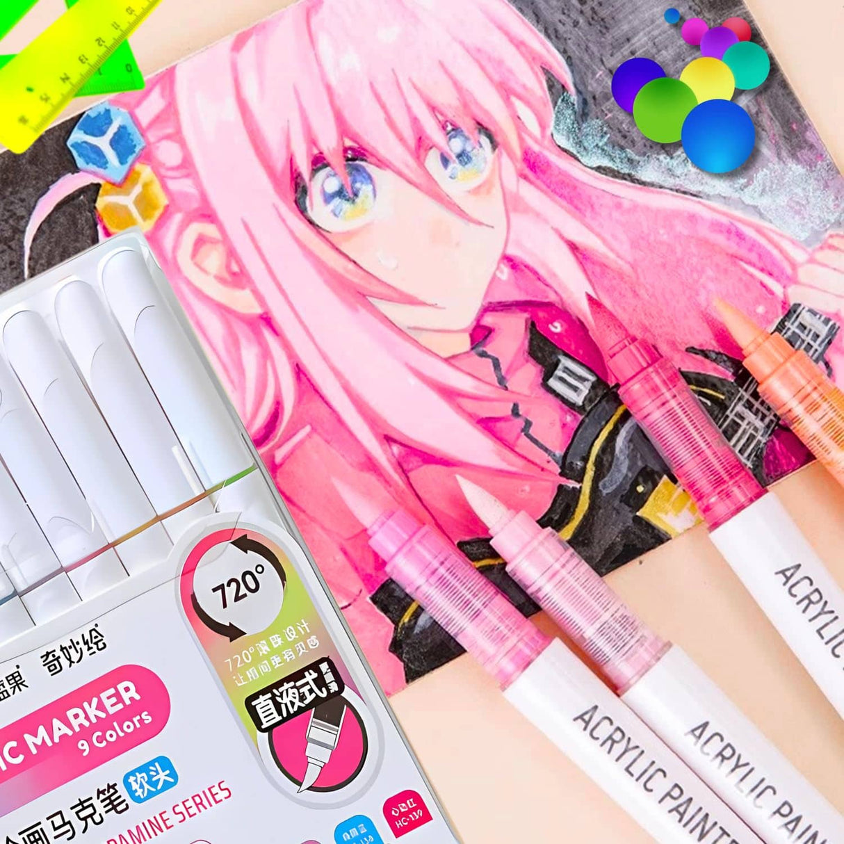 Languo - Set 9 Marcadores Acrílicos Punta Pincel 2.0 Dopamine Series