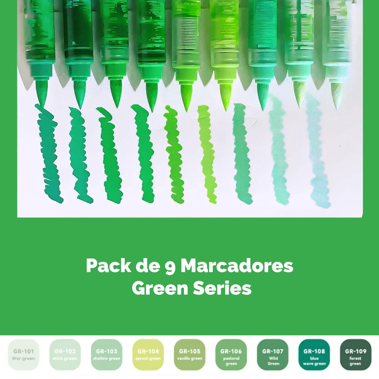 Languo - Set 9 Marcadores Acrílicos Punta Pincel Green Series
