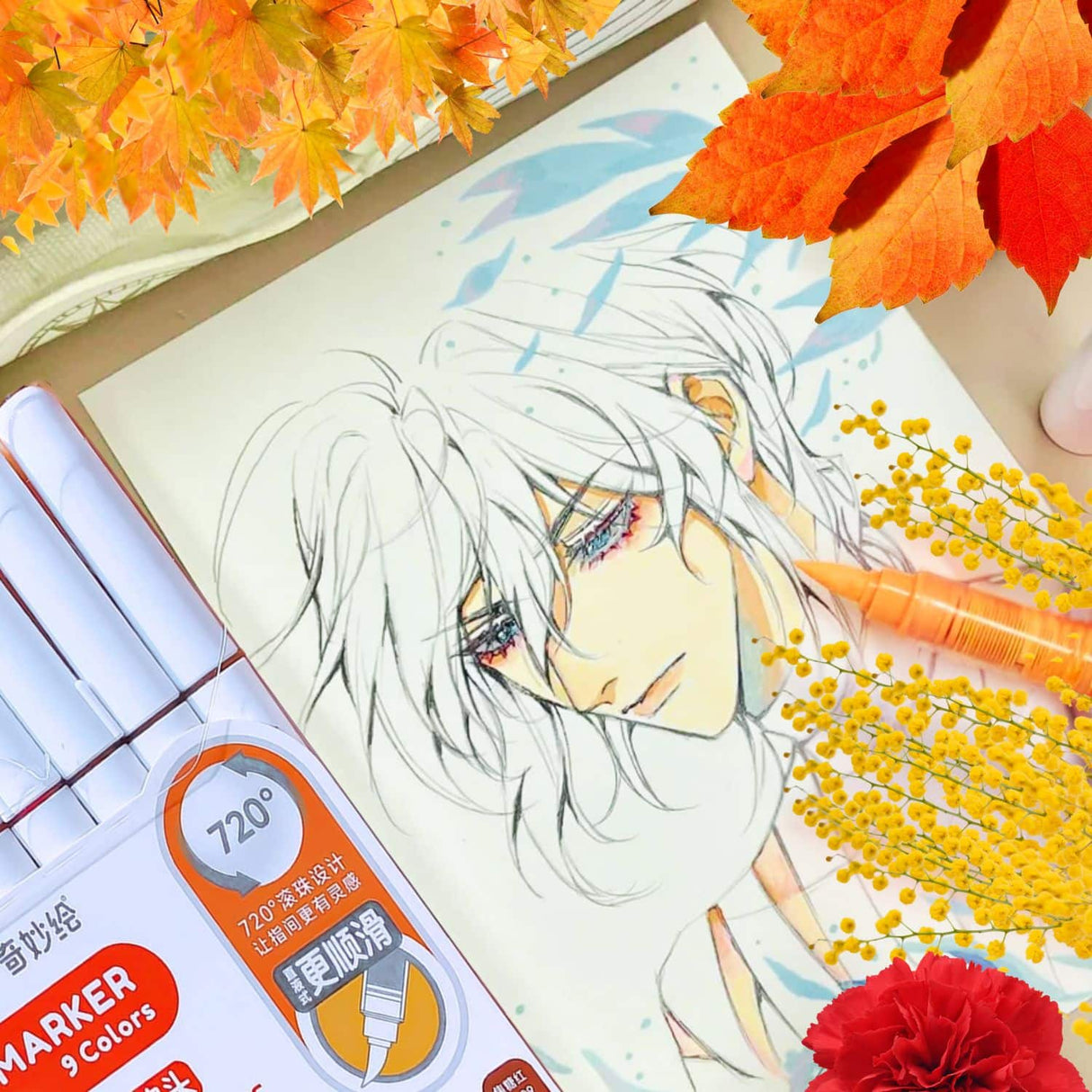 Languo - Set 9 Marcadores Acrílicos Punta Pincel Red Yellow Series