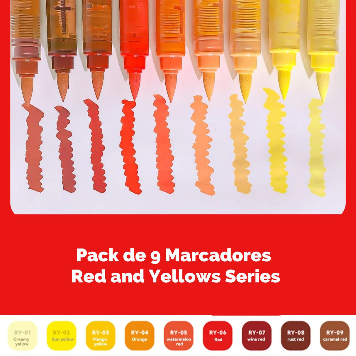 Languo - Set 9 Marcadores Acrílicos Punta Pincel Red Yellow Series