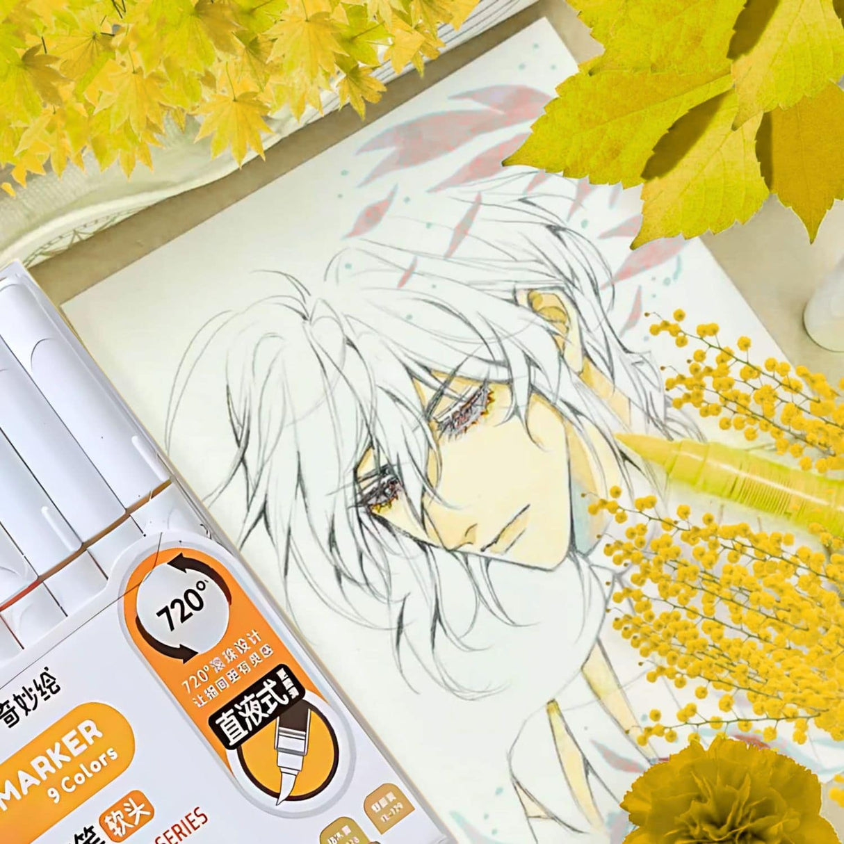 Languo - Set 9 Marcadores Acrílicos Punta Pincel Warm Yellow Series