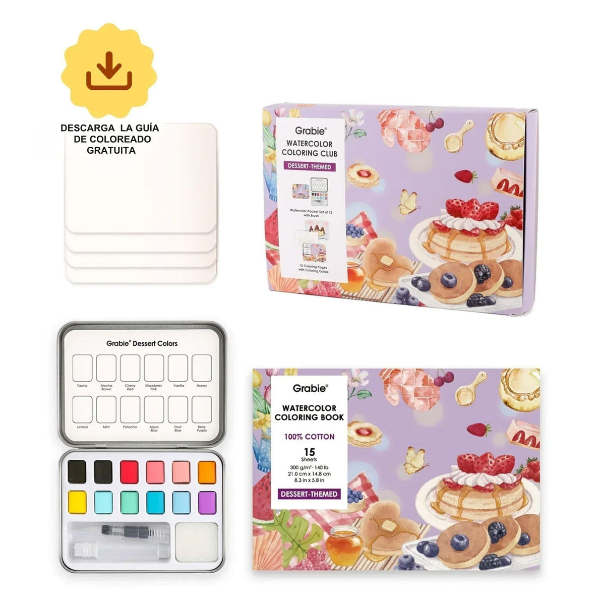 Grabie Coloring Club - Kit Acuarelas Dessert Libreta y Libro
