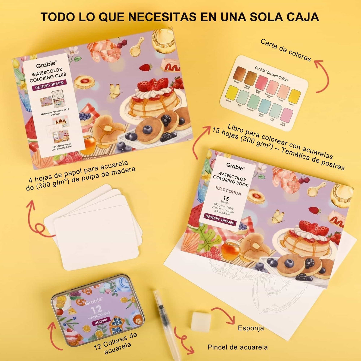 Grabie Coloring Club - Kit Acuarelas Dessert Libreta y Libro