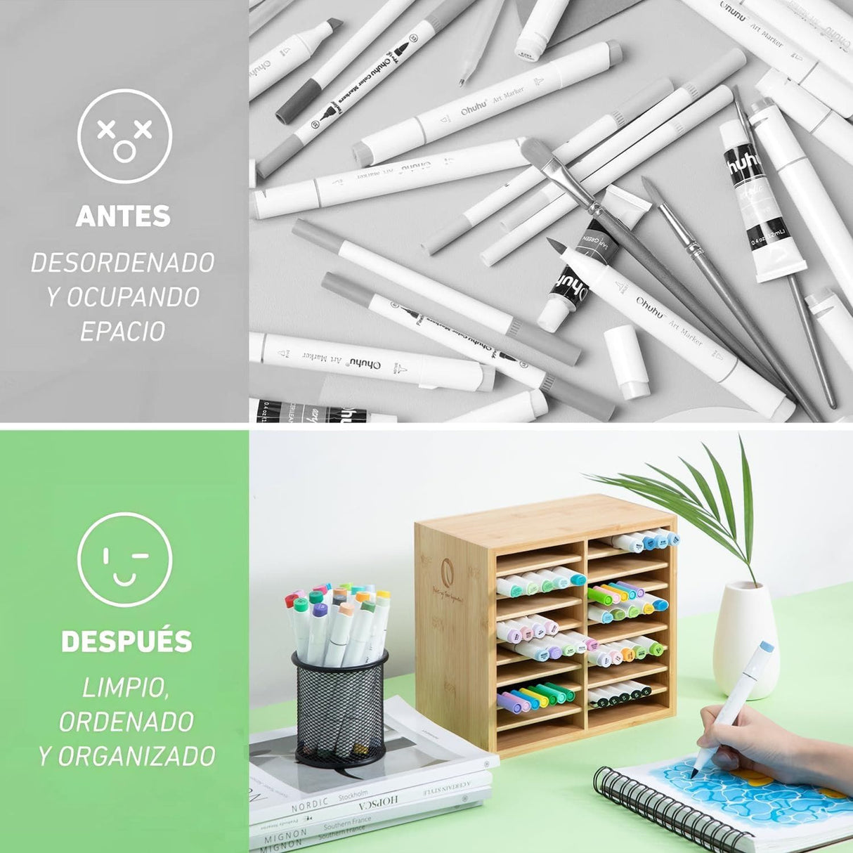 Ohuhu - Organizador Bambú para 126 Marcadores