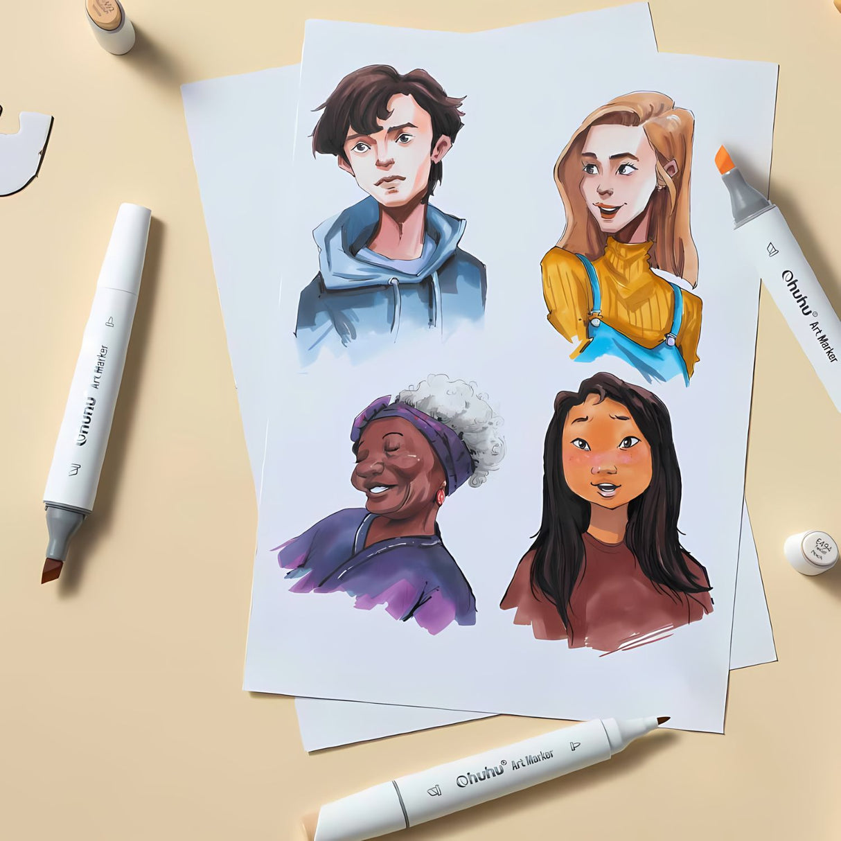 Ohuhu - Set 24 Marcadores al Alcohol Kaala Skin Tones Fina y Biselada