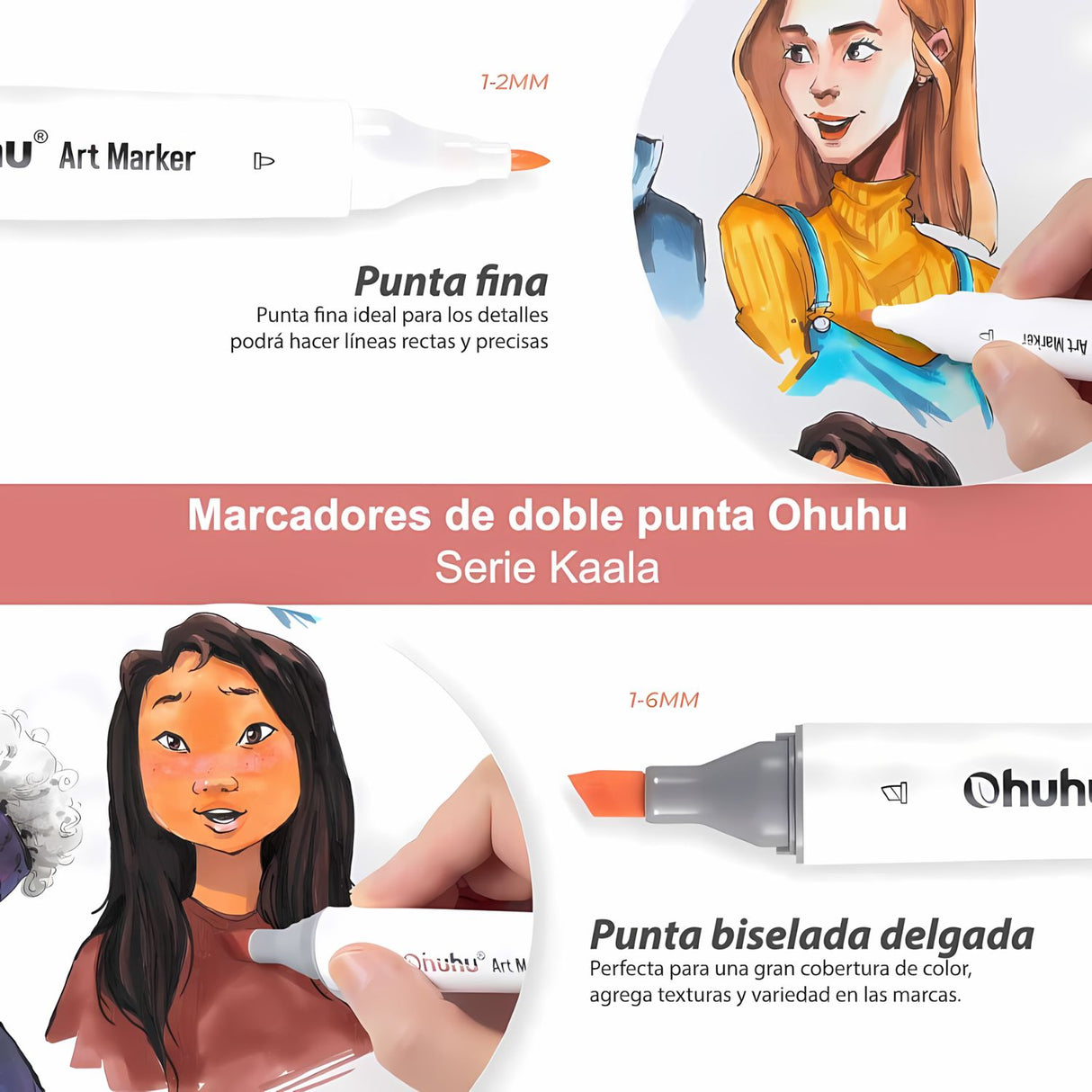 Ohuhu - Set 24 Marcadores al Alcohol Kaala Skin Tones Fina y Biselada