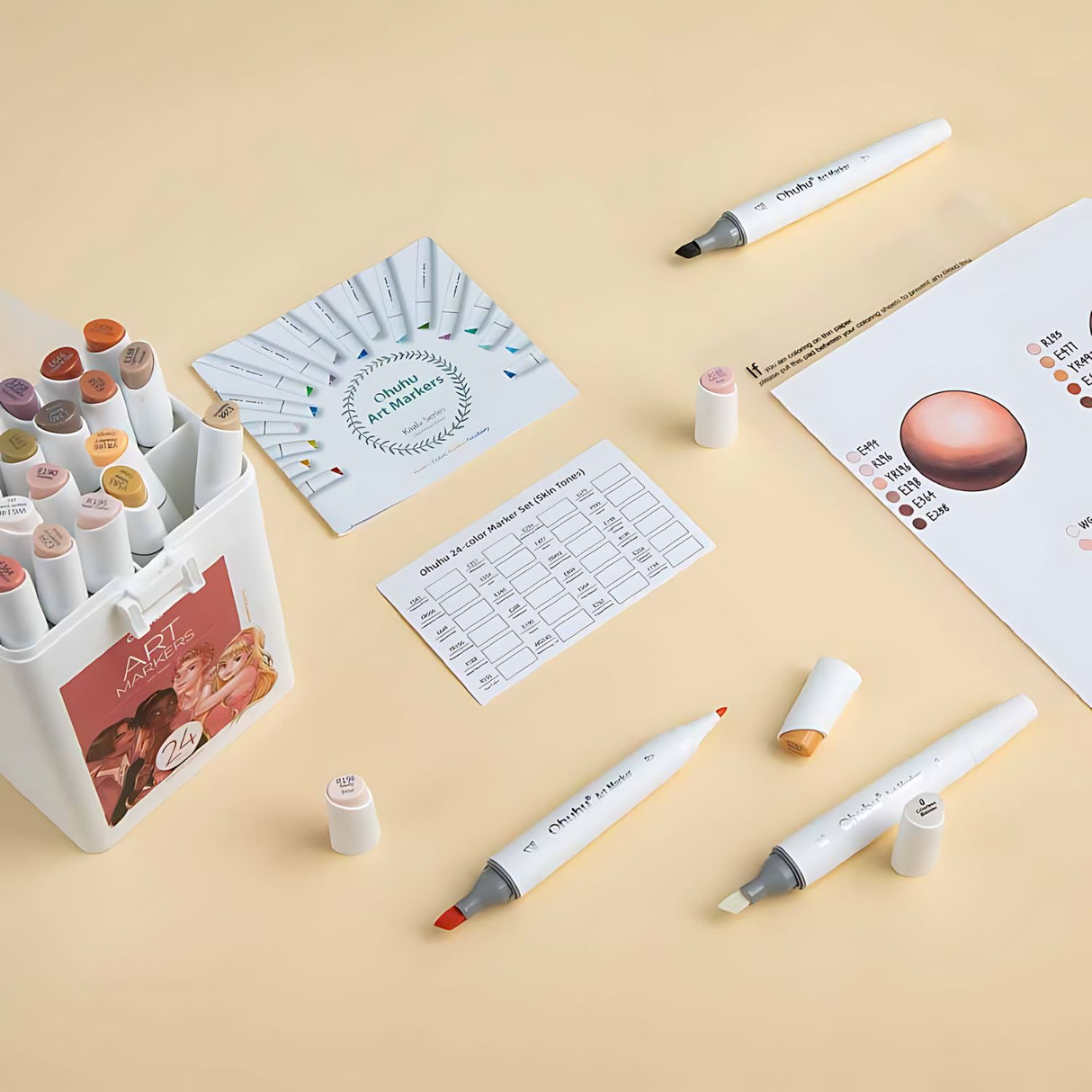 Ohuhu - Set 24 Marcadores al Alcohol Kaala Skin Tones Fina y Biselada