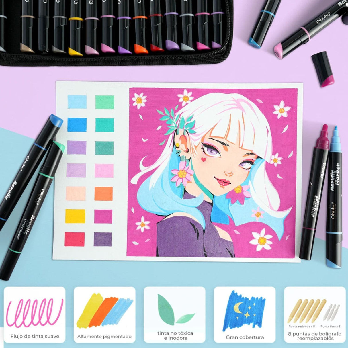 Ohuhu - Set 30 Marcadores Acrílicos Kakaako Doble Punta