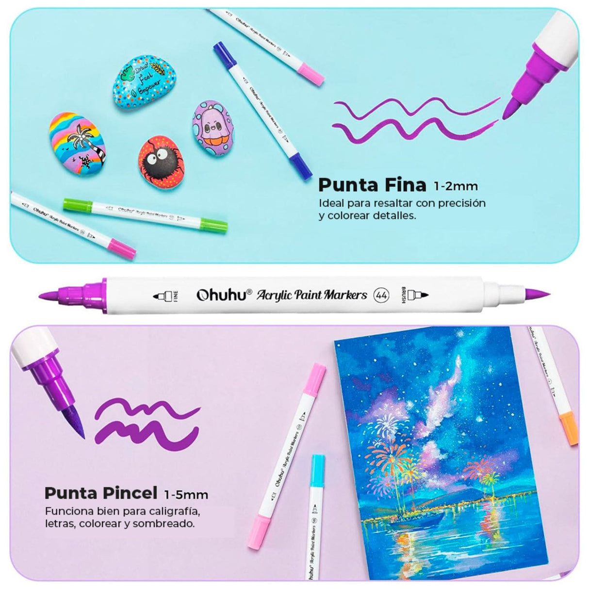 Ohuhu - Set 36 Marcadores Acrílicos Punta Fina y Pincel