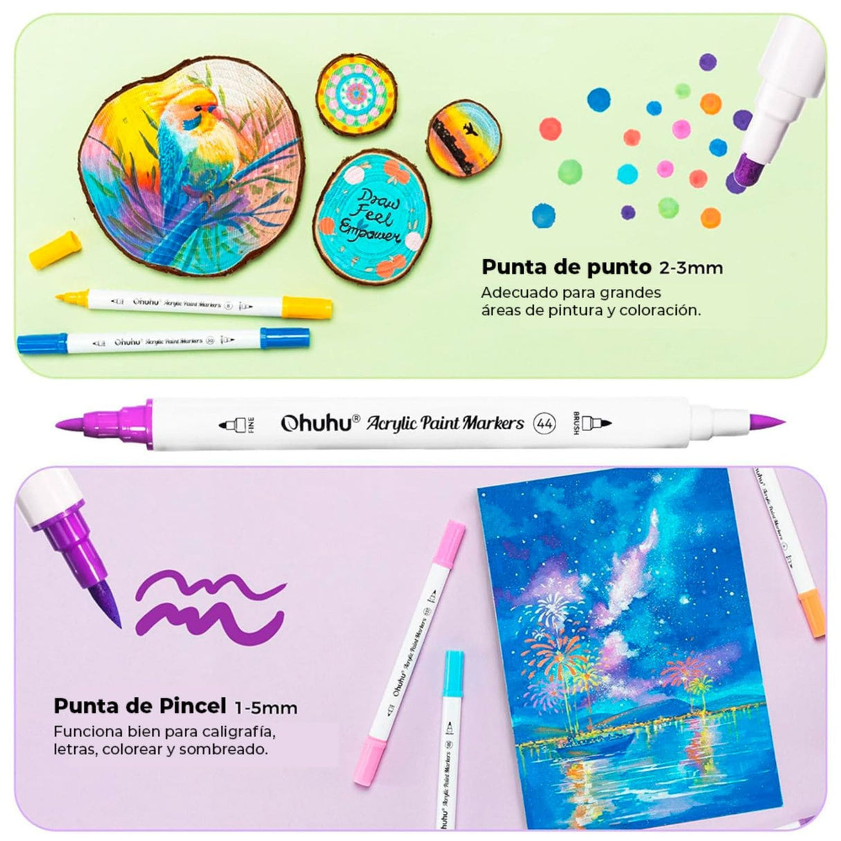 Ohuhu - Set 36 Marcadores Acrílicos Punta Pincel y Redonda