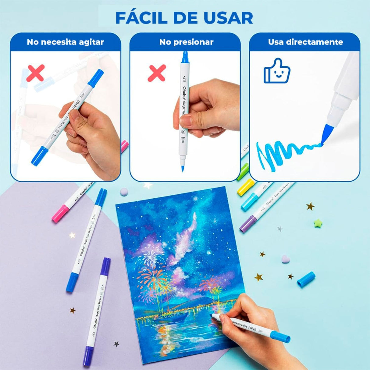 Ohuhu - Set 36 Marcadores Acrílicos Punta Pincel y Redonda