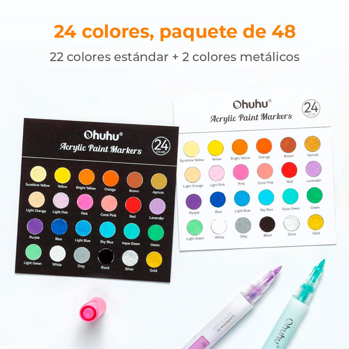 Ohuhu - Set 48 Marcadores Acrílicos (24 Punta Fina + 24 Punta Reversible)