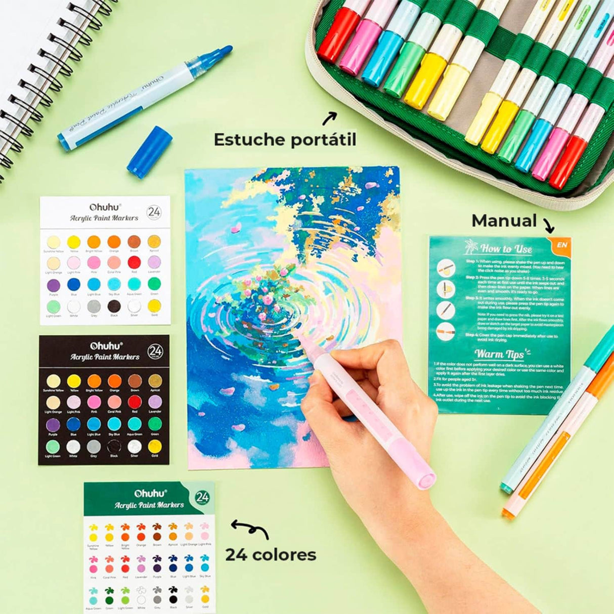 Ohuhu - Set 48 Marcadores Acrílicos (24 Punta Fina + 24 Punta Reversible)