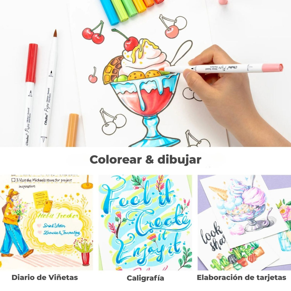 Ohuhu - Set 60 Marcadores a Base de Agua Pupe Doble Punta