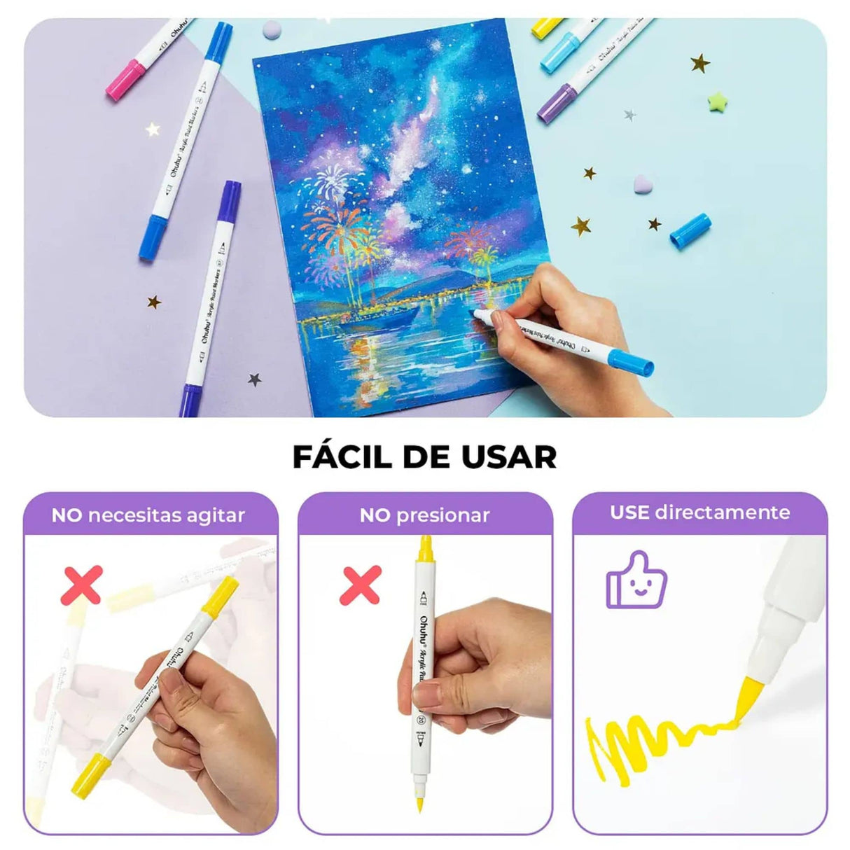 Ohuhu - Set 72 Marcadores Acrílicos Akaka Punta Pincel y Fina