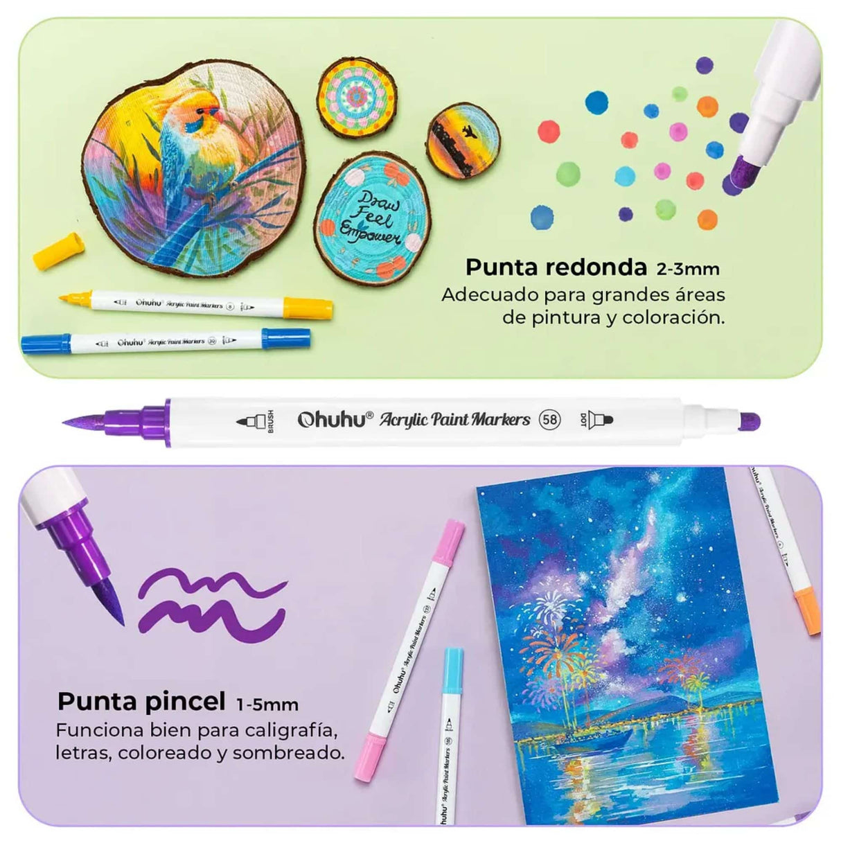 Ohuhu - Set 72 Marcadores Acrílicos Akaka Punta Pincel y Redonda