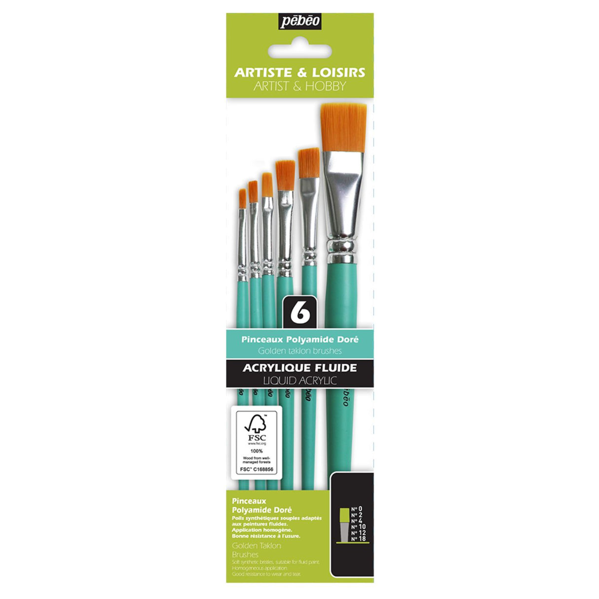 Pebeo - Set 6 Pinceles Acrílico Fluido Planos