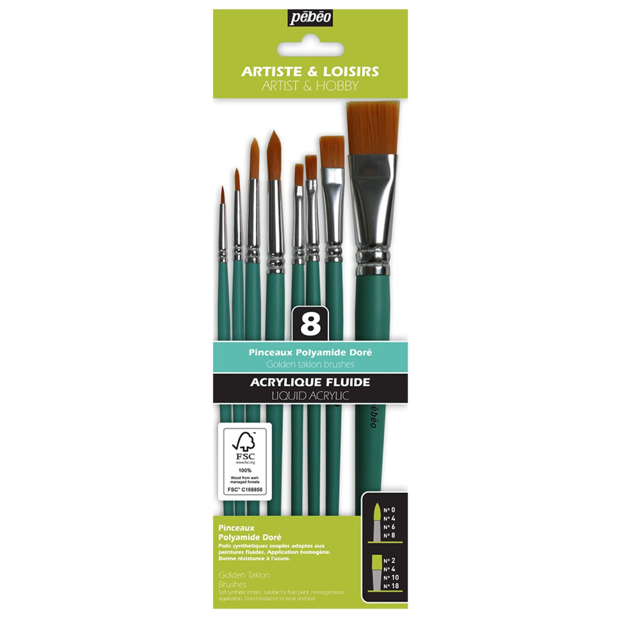 Pebeo - Set 8 Pinceles Acrílico Fluido Redondos y Planos
