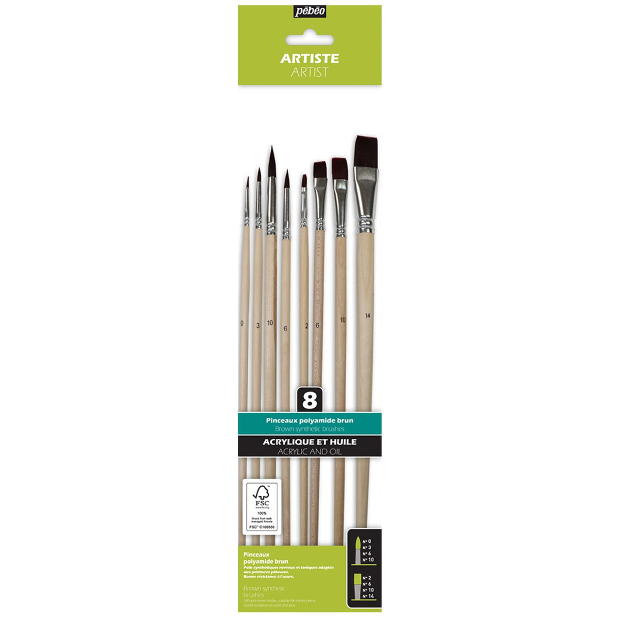 Pebeo - Set 8 Pinceles Acrílico y Óleo Largos Pelo Sintético Café