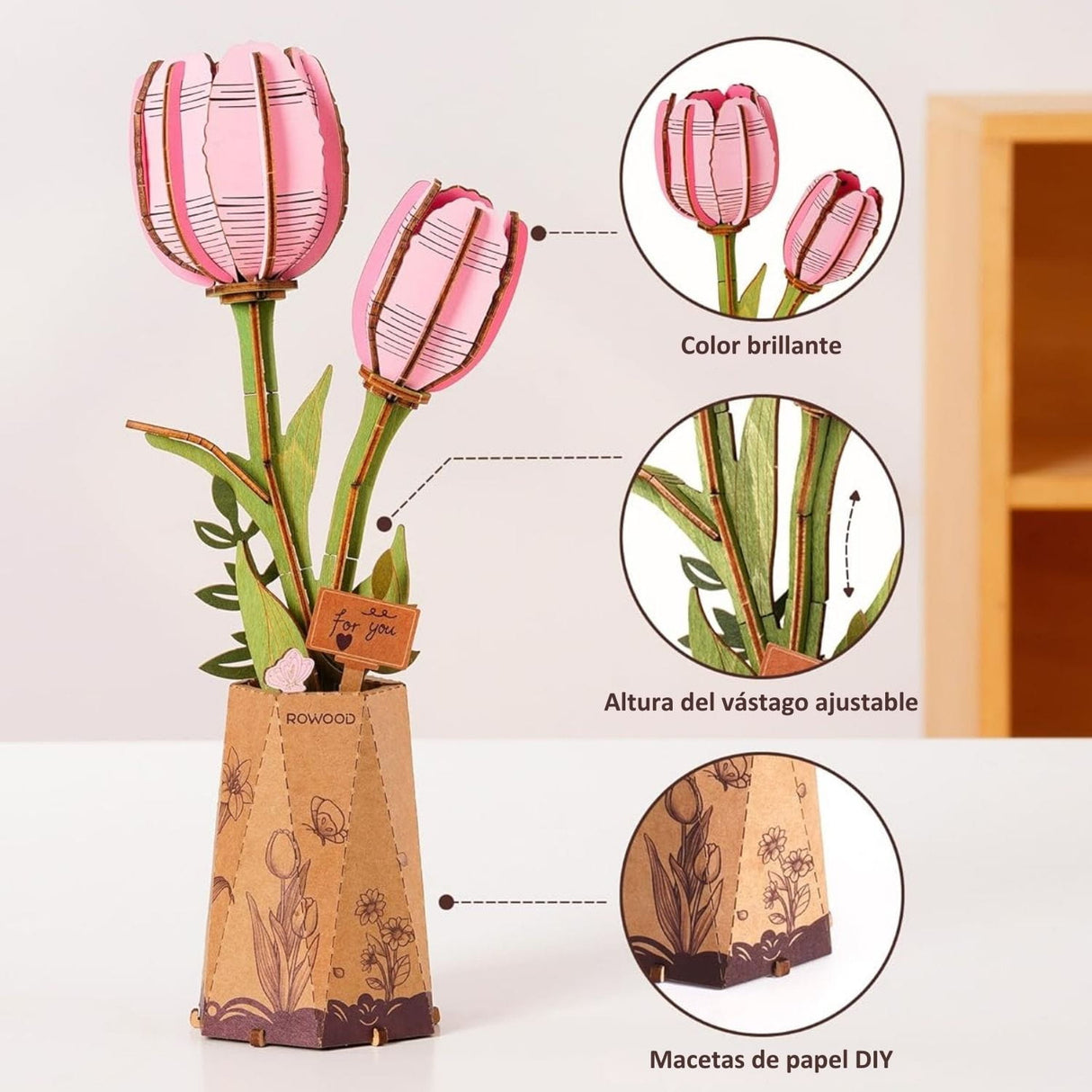 Rowood Wooden Bloom Craft - Miniatura Armable Flor Pink Tulip