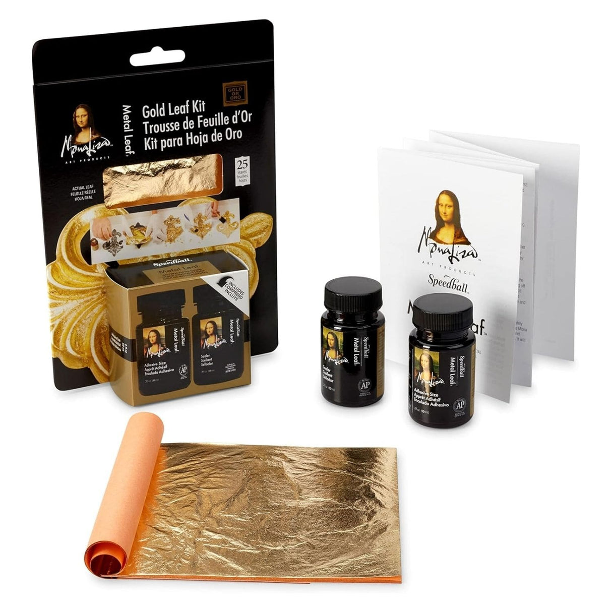 Speedball Mona Lisa - Kit Pan de Oro Metal Leaf Dorado Adhesivo y Sellador