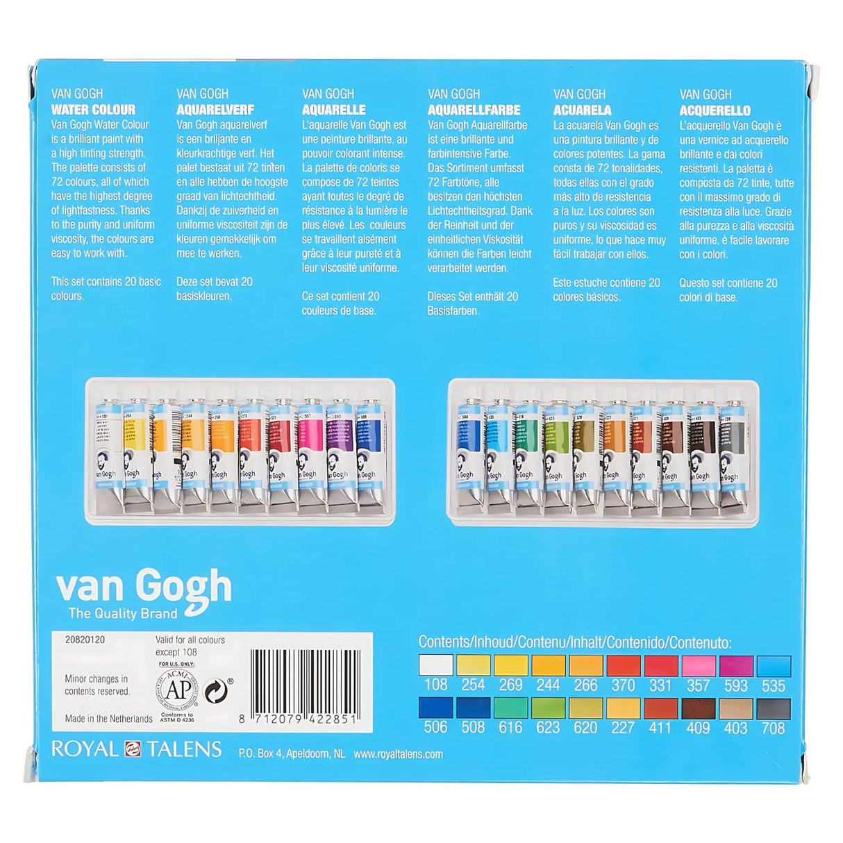 Van Gogh - Set 20 Acuarelas Colores Básicos Tubos 10 ml