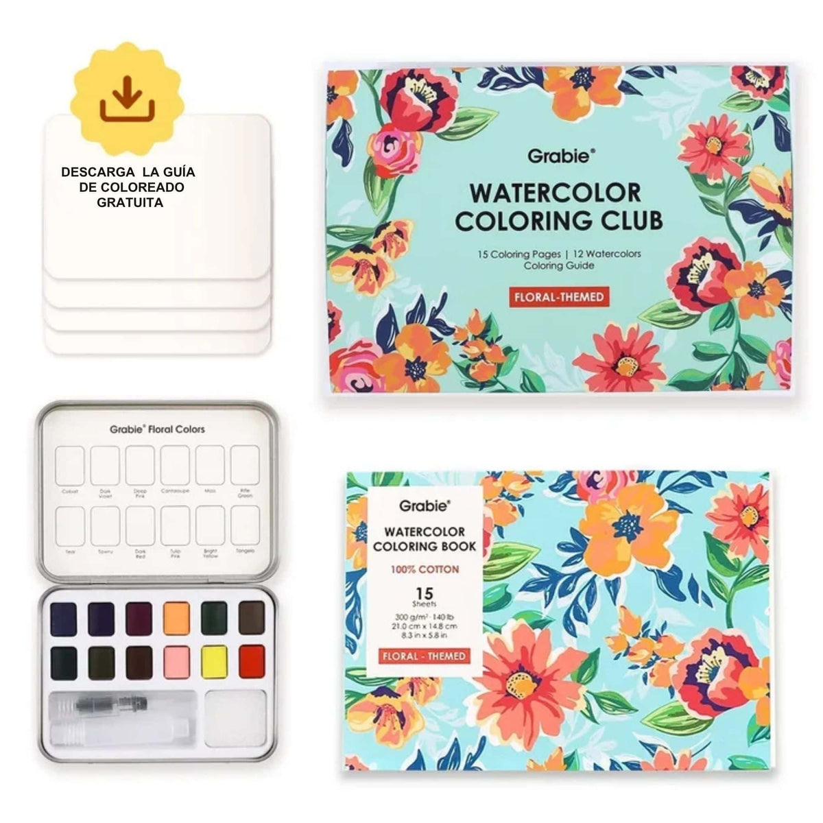 Grabie Coloring Club - Kit Acuarelas Floral Libreta y Libro