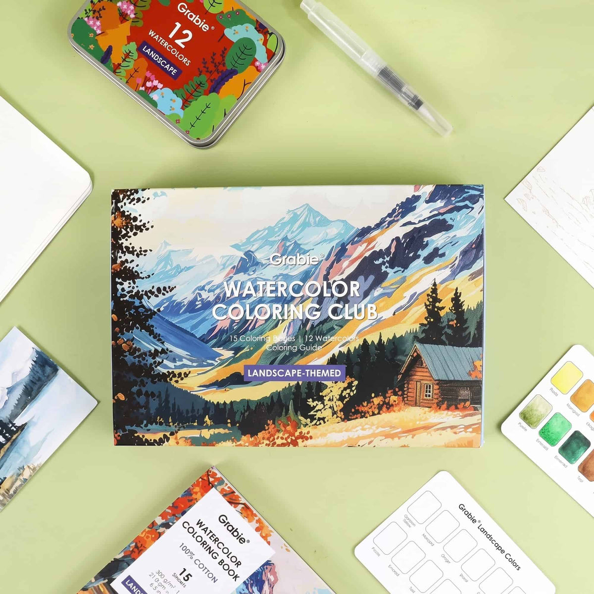 Grabie Coloring Club - Kit Acuarelas Landscape Libreta y Libro