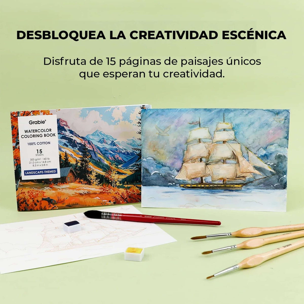 Grabie Coloring Club - Kit Acuarelas Landscape Libreta y Libro