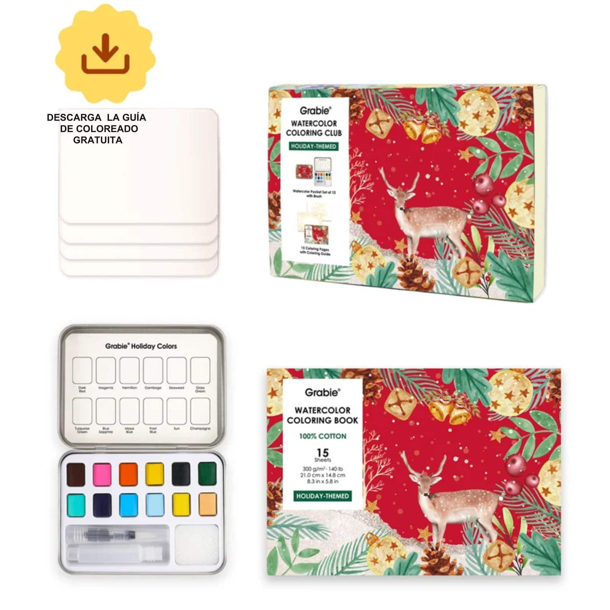 Grabie Coloring Club - Kit Acuarelas Navidad Libreta y Libro