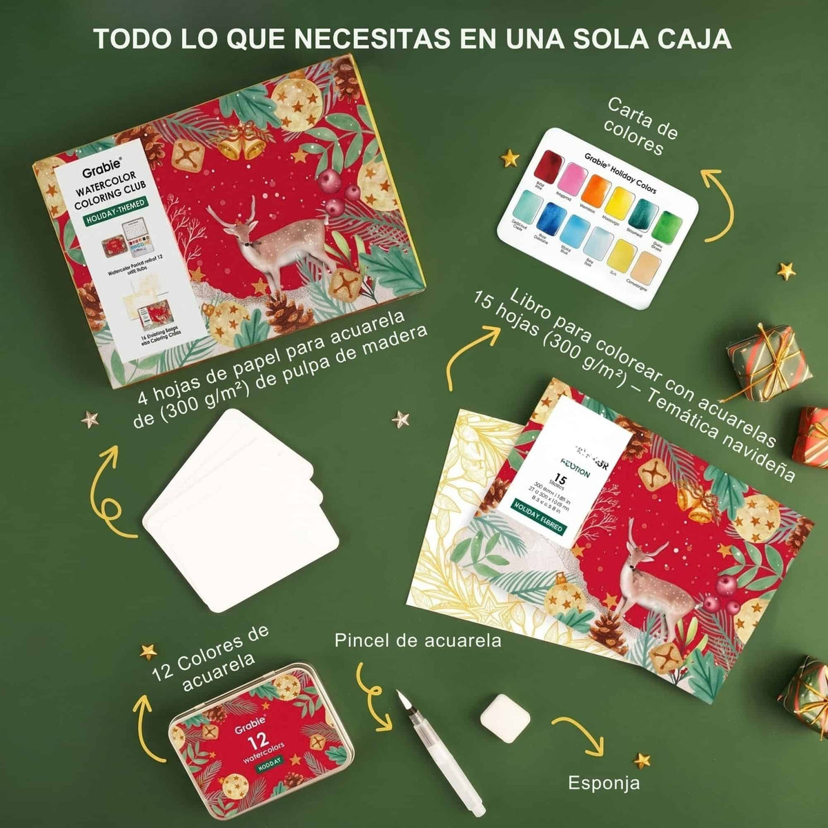 Grabie Coloring Club - Kit Acuarelas Navidad Libreta y Libro