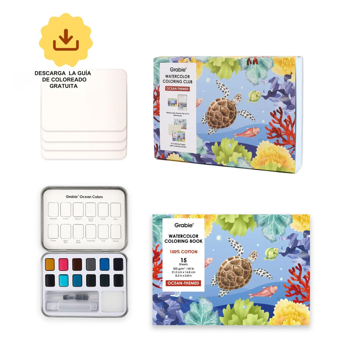 Grabie Coloring Club - Kit Acuarelas Ocean Libreta y Libro