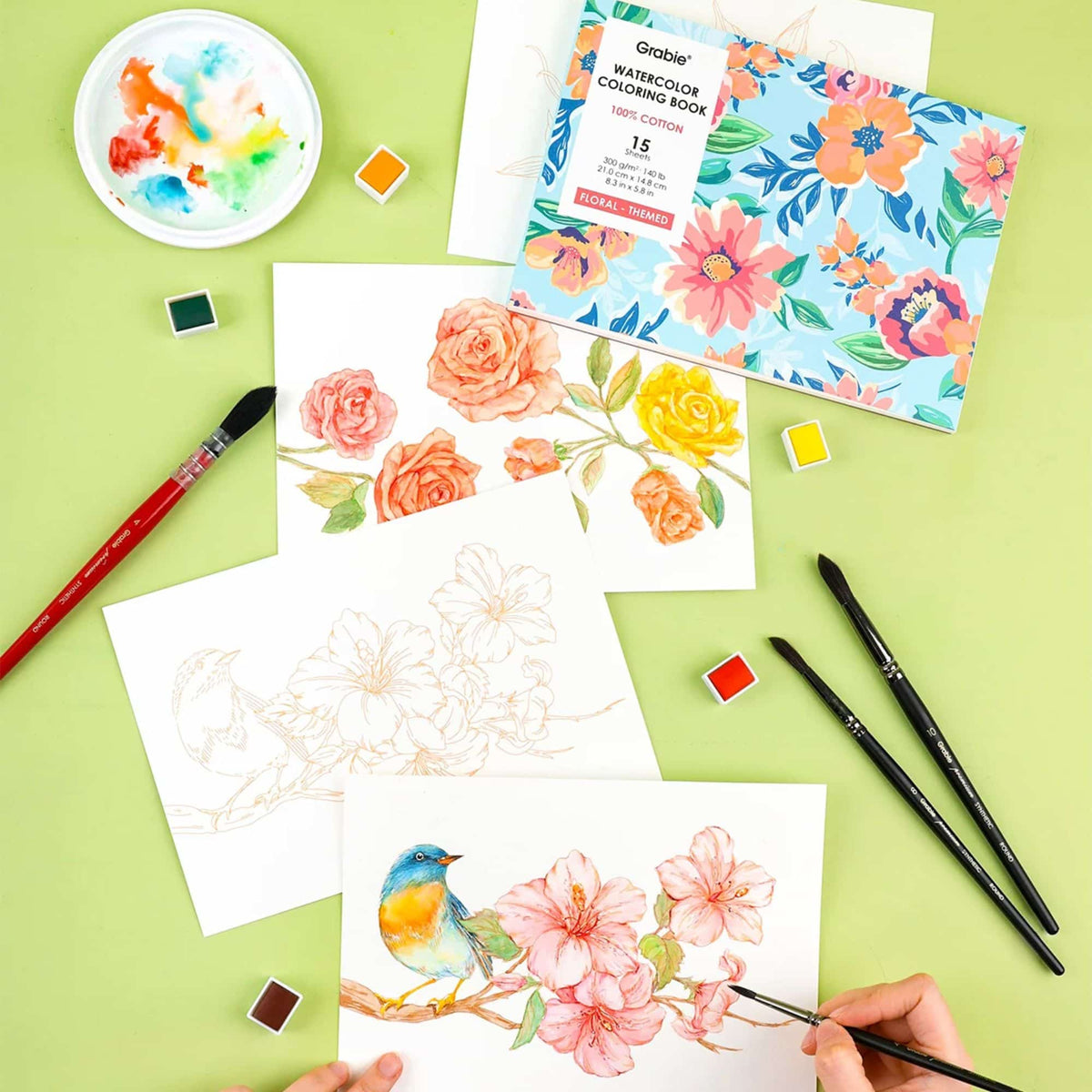 Grabie - Libro para Colorear Acuarela 100% Algodón Floral