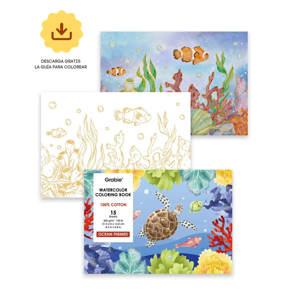 Grabie - Libro para Colorear Acuarela 100% Algodón Ocean